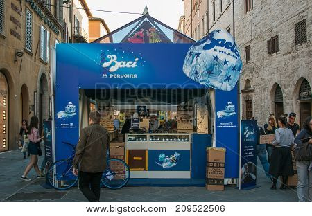 PERUGIA, ITALY - OCTOBER 17, 2017: The stand of Baci Perugina at Eurochocolate festival in the center of Perugia city