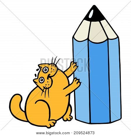 Cute orange fat cat hugging blue pencil. Vector illustration.