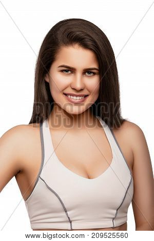 Happy sporty fitness woman on white backgroundHappy sporty fitness woman on white background
