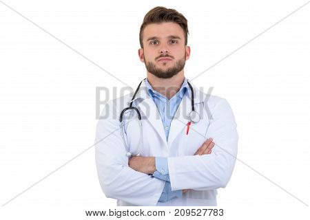 Portrait of confident young medical doctor on white background.