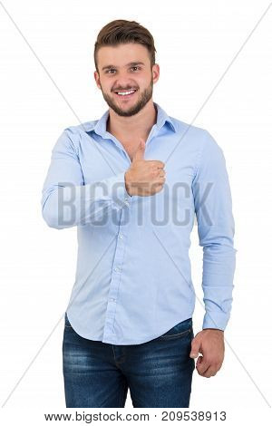 Portrait Of A Happy Young Man Showing Thumb Up Sign Isolated On White Background.