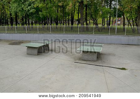 A table tennis set made from concrete material in Popular  North park,  Vrabnitsa district, Sofia, Bulgaria