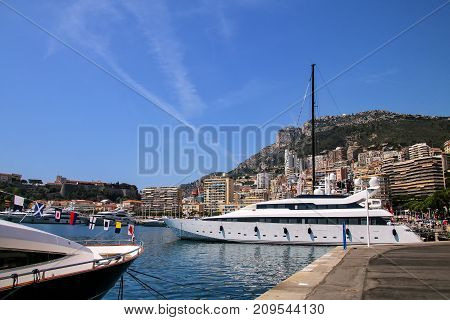 Yacht docked at Port Hercules in La Condamine ward of Monaco. Port Hercules is the only deep-water port in Monaco