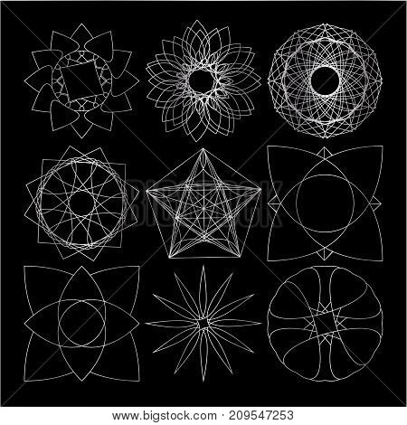 Set of silver geometric vector symbol on black background.