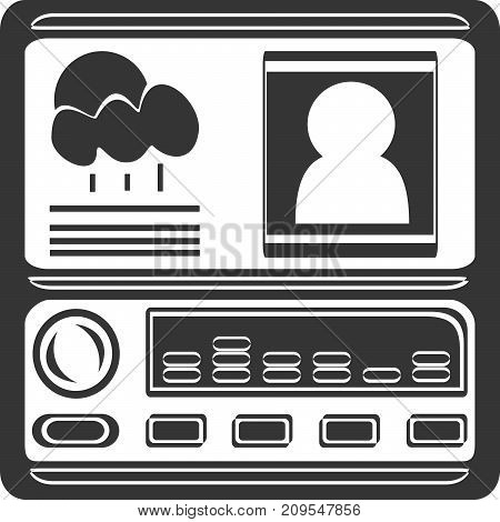 Car Radio Navigation - Display and Buttons. Touchscreen in Dashboard Center Console with Weather and Profile Driver View and Equalizer Screen with Volume Knob and Button Controls. Smart Vehicle Symbol or Icon for Head Unit and Main Interactive Driving.