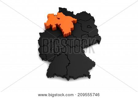 black germany map, with niedersachsen region, highlighted in orange.3d render