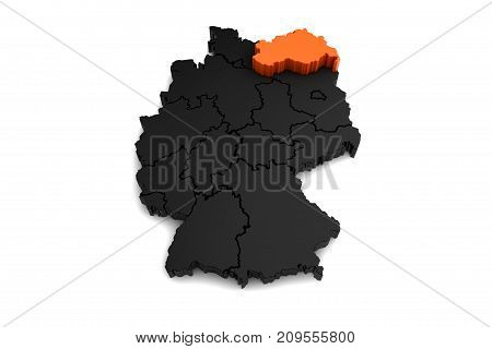 black germany map, with Mecklenburg-Vorpommern region, highlighted in orange.3d render
