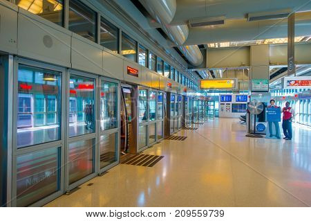 NEWARK, NJ - OCTOBER 16, 2017: Empty huts of revision visa with no people in the line in the International Airport of Delhi and crowd, Indira Gandhi International Airport is the 32th busiest in the world.