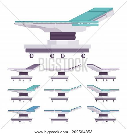General surgical table set. Flexible patient positioning, functional surgical operation work, medical equipment operating board for surgery. Vector flat style cartoon illustration on white background