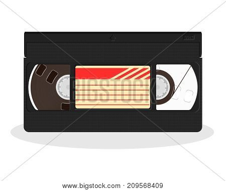 Retro video cassette isolated on a white background. Vintage style movie storage icon. Old record video recorder tape. Vector illustration.