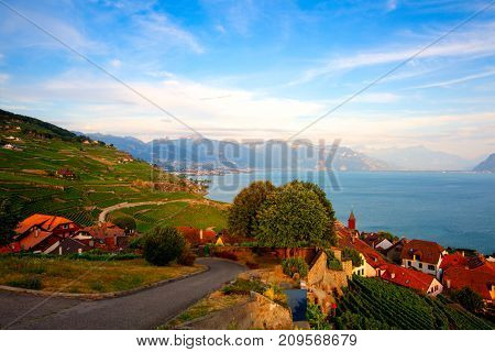 Vineyards of the Lavaux region over lake Leman (lake of Geneva)Switzerland HDR Image.