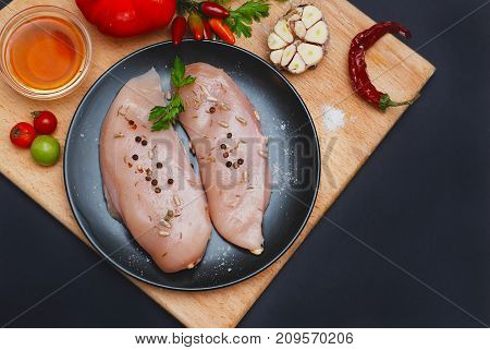 Raw ingredients for cooking. Fresh chicken fillet