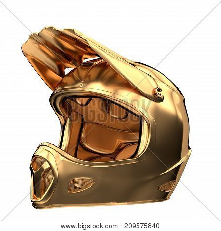 Golden Moto Sport Fullface Helmet Illustration. Perspective view. Sport equipment. Symbol of Cup or Trophy. 3D render Illustration Isolated on white background.