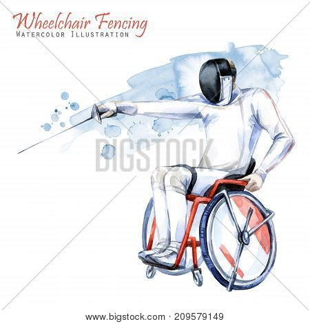 Watercolor illustration. Wheelchair Fencing sport. Figure of disabled athlete in the wheelchair with a sword. Active people. Man. Disability and social policy. Social support.