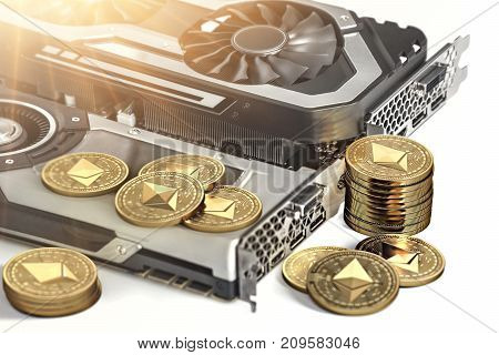 Ethereum mining. Using powerful Video cards to mine and earn cryptocurrencies concept. 3D illustration