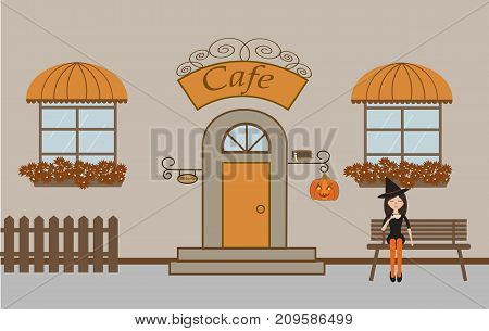 Pretty scenery in a rustic style. A cafe, beautiful girl, two windows with a striped awnings, door, stairs, flowers.A cute bench. A fence. A pumpkin. Helloween.Vector illustration