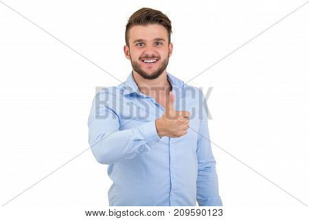 Portrait Of A Happy Young Man Showing Thumb Up Sign Isolated On White Background.