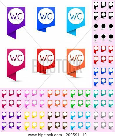 Map marker or pointer angular marker mock up with round white background in different colors. Ready marker template for your various icons. WC icon is shown as an example.