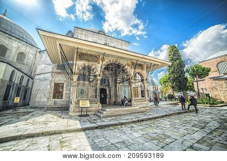 ISTANBUL, TURKEY - October 2, 2017: The panorama of the Tomb of Sultan Selim II, located on the territory of Hagia Sophia museum complex, by architect Sinan