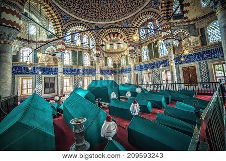 ISTANBUL, TURKEY - October 2, 2017: Interior of the Tomb of Sultan Selim II located on the territory of Hagia Sophia museum complex, by architect Sinan