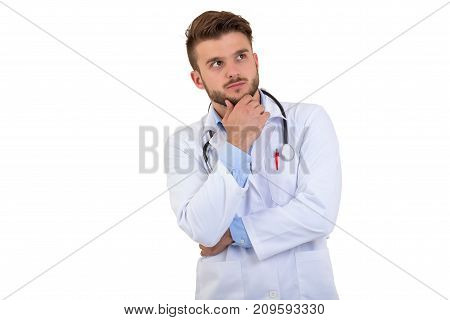 Portrait of confident young medical doctor on white background.