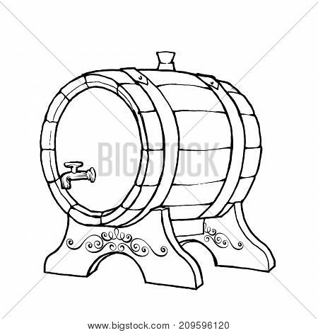 Vector Sketch Illustration Of A Wooden Wine Barrel With The Faucet In Vintage Style With Stand. Hand