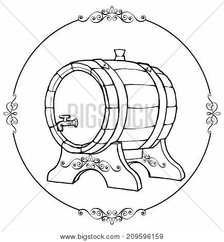 Vector Sketch Illustration Of A Wooden Wine Barrel With The Faucet In Vintage Style With Stand. Hand