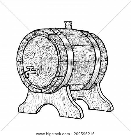 Vector Sketch Illustration Of A Wooden Wine Barrel With The Faucet In Vintage Style With Stand. Hand