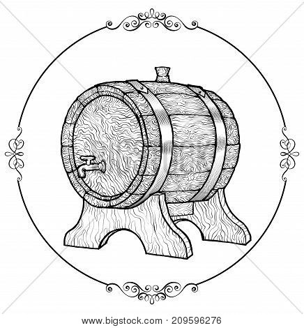 Vector Sketch Illustration Of A Wooden Wine Barrel With The Faucet In Vintage Style With Stand. Hand