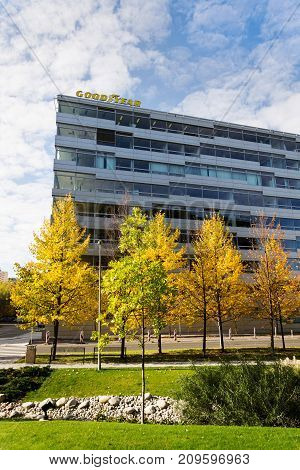 Prague, Czech Republic - October 14: The Goodyear Tire And Rubber Company Logo On Headquarters  Buil