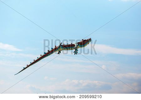 air crocodile kite flying high in the sky. Kite festival. Family holiday. Kite competition