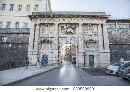 ZADAR, CROATIA - JULY 14, 2017: Old city gate in old town in ZADAR, CROATIA
