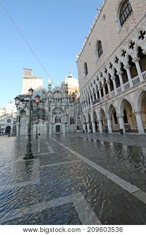 Saint Mark Square And Doges Palace With High Tide In Venice Ital