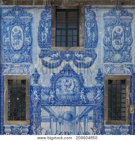 Oporto, Portugal - july 2016: Capela das Almas Decorated with Azulejo Tile - Capela de Santa Catarina in Porto Portugal
