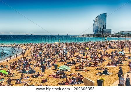 A Sunny Day On The Barceloneta Beach, Barcelona, Catalonia, Spain