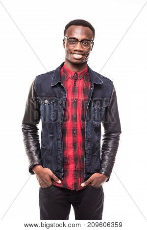Portrait Of A Happy Casual Afro American Man Standing With Hands In Pocket In Studio On White Isolat
