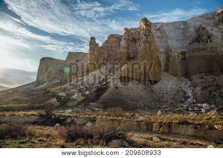 Beautiful mountain sierra in desert canyon Boszhira in Ustyurt plateau, Kazakhstan.