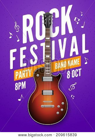 Rock festival flyer event design template. Guitar rock vector poster music band.