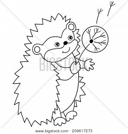 Vector black and white cute carton hedgehog with dandelion. Vector hedgehog Hedgehog vector illustration