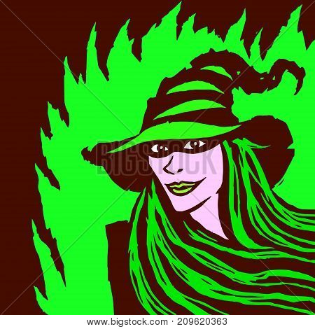 Cartoon pretty witch. Vector illustration. Funny magical character. Green background.