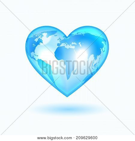 Heart with the world map, light blue and shining vector icon