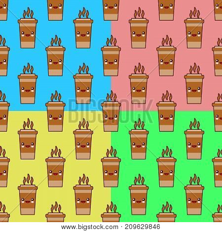 Seamless pattern set with coffee cup cute kawaii characters on colors backgrounds. Flat design Vector Illustration eps10