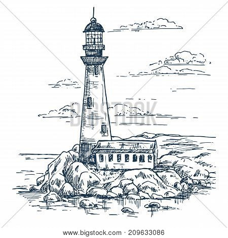 Lighthouse on rocks sketch. Warehouse building or lighthouse keeper house. Island with beacon or searchlight, travel sea route beam. Architecture and guidance, ocean and marine theme