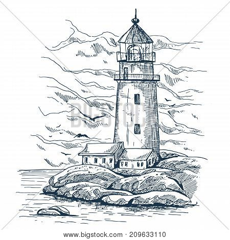 Lighthouse on island with rocks sketch. Lighthouse keeper house or warehouse building . Beacon with hazard beam or searchlight. Architecture and harbor guidance, ocean and marine theme