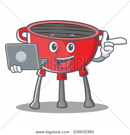 With Laptop Barbecue Grill Cartoon Character Vector Illustration