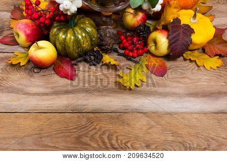 Fall Background With Green Pumpkin, Yellow Squash, Oak Leaves, Copy Space
