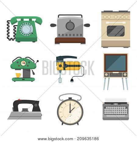 Retro vintage household appliances vector symbols. Kitchenware antique technology utensil symbols. Housework electric equipment domestic tools.