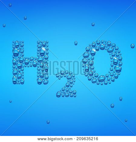 Blue drops of water background, H2O lettering, vector illustratin