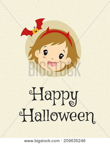 Happy Halloween card design, cute girl wearing red devil hons headband cartoon vector
