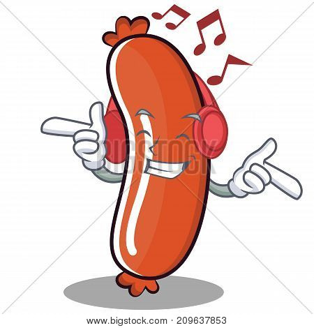 Listening music sausage character cartoon style vector illustration